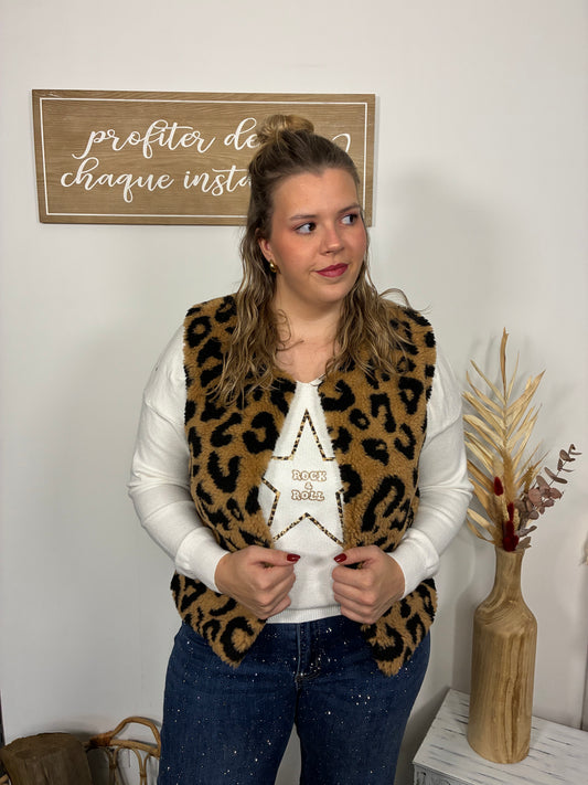 Veste sans manche moumoute léopard